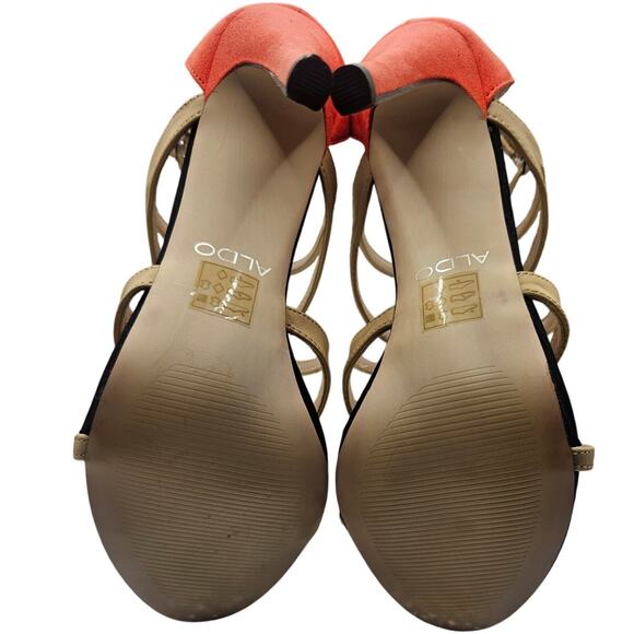 Aldo Suede Leather Strappy Heels Blk/Tan/Red Zip Up 4" Heel Sz 6.5 - Picture 7 of 7